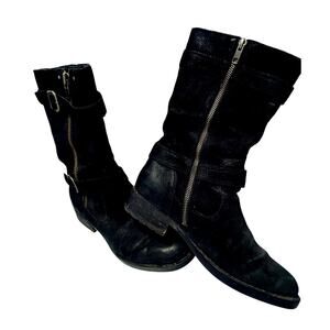 Born Womens Distressed Black Suede Midcalf Boots Buckle Zippers F06409 Size 7.5M